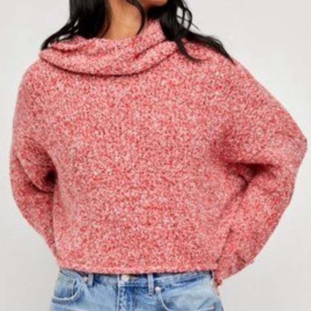 Free People Red Lotus Oversized Cowl Sweater Sz XS Red Crop Boho Slouchy Boucle